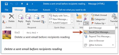 Delete sent email in outlook