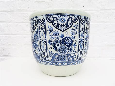 Delft Blue Holland Vintage Flower Pot Planter w Holes Cameos …