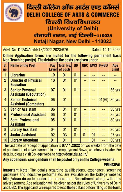 Delhi College of Arts and Commerce, New Delhi Wanted Non …