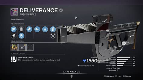 Find the best possible perks, stats, and popularity for Deliverance, a Kinetic/Liberation weapon with a recoil pattern and a range of 10.56m. Learn how to craft, swap, and …. 