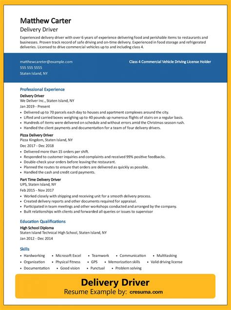 Delivery Driver Resume Example & Writing Tips Resume Genius Driver