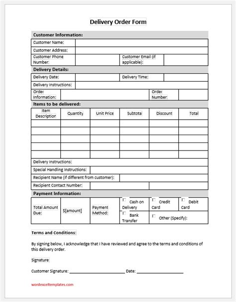 Delivery Order Form Templates For Ms Word Excel Word Excel Templates