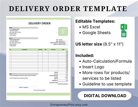 Delivery Order Template Excel/google Sheets Sales Order Template