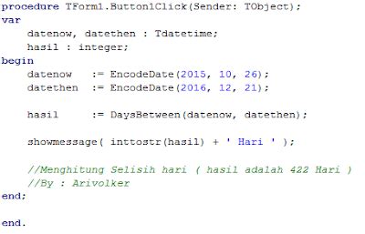 Delphi dateutils. DateUtils Delphi function DaysBetween(const ANow, AThen: TDateTime): Integ...