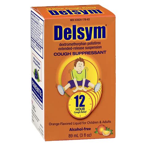 Delsym generic name. Dextromethorphan (Delsym) is an over-the-counter cough suppressant (antitussive). It helps relieve "dry" cough in adults and children by suppressing the cough reflex. Dextromethorphan (Delsym) is available as an extended-release (ER) cough syrup that's taken by mouth, typically every 12 hours. 