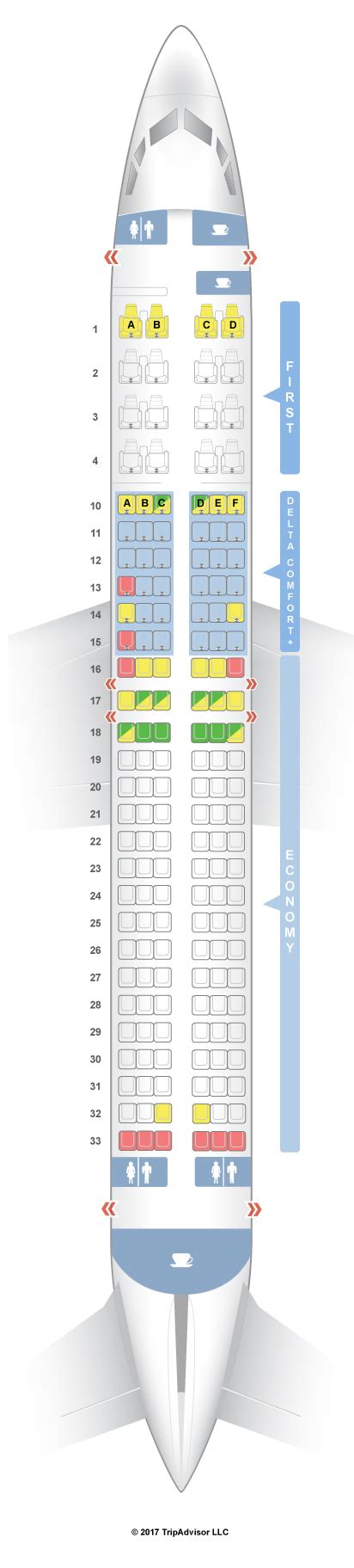Delta One class includes 26 flat bed seats. The seats of the 1st row are located close to the galley and lavatories and this fact may bother passengers of these seats. Delta Comfort+ has 29 seats. The best seats in this section are the seats of the 13th row. Passengers of these seats will feel comfortable thanks to extra legroom.