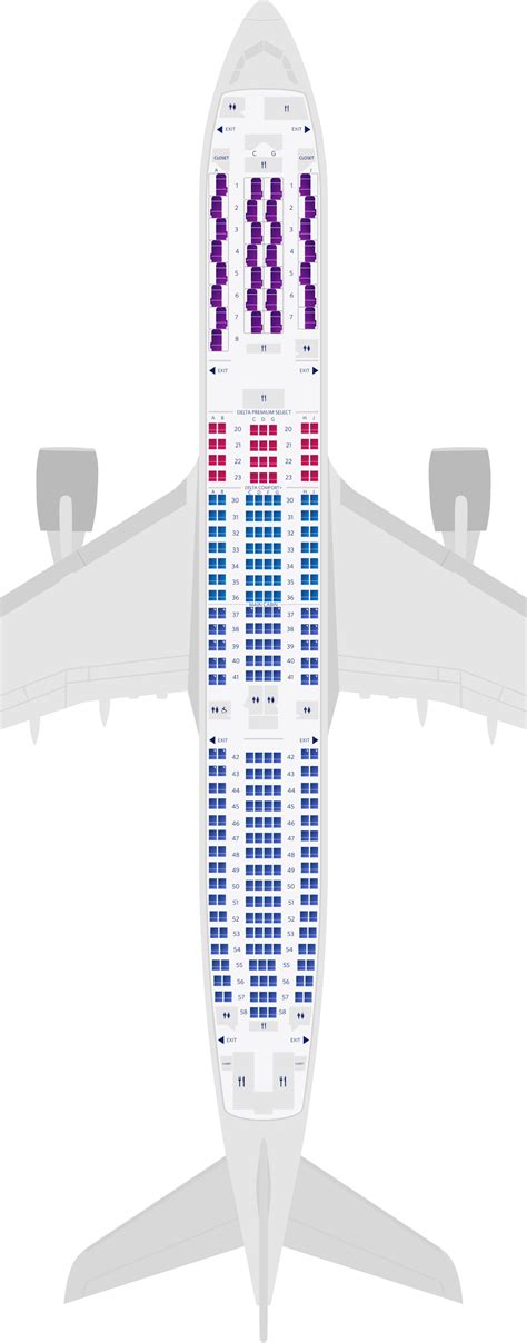 For comparison's sake, the A330-900 is only three meters shorter than the A350-900. Another aspect contributing to the two aircraft's capacity differences is the respective seating configurations within each cabin. Delta Air Lines operates both types, and we can see that economy on its A330-900 is eight seats wide, using a 2-4-2 configuration .... Delta airbus a330 900neo seat map