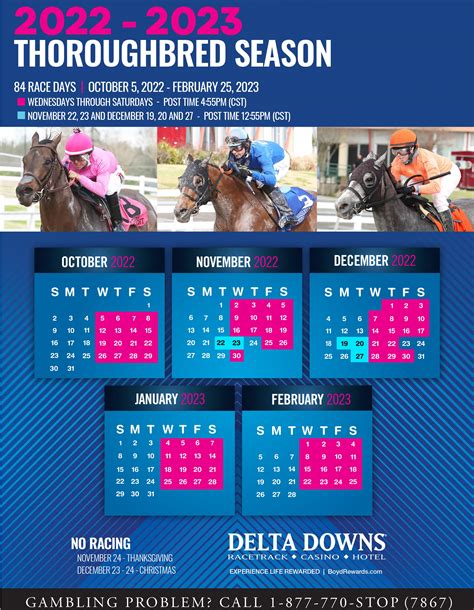 Delta downs horse racing schedule. Delta Downs Racetrack in Vinton, Louisiana has just kicked off its 2022-2023 Thoroughbred Season. The season got underway last night and will run through February 25, 2023. That's 84 total days of the heart-pounding live Thoroughbred racing action right here in our own backyard. Some of the featured nights of racing according to track announcer ... 