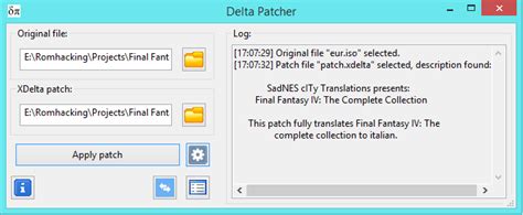 Delta Patcher v3.1.5 Latest. Updated xdelta3 library to v3.1.0. Added support for large files (larger than 4GB) Assets 6. 👀 2. 2 people reacted. Jan 5. github-actions. v3.1.4. 413f45c. Compare. Delta Patcher v3.1.4. Fixed button image alignment in modern versions of macOS. Assets 6. ️ 1. 👀 2. 3 people reacted. Jan 4. github-actions. v3.1.3.. 