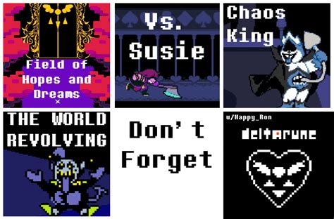 Deltarune don t forget ost.  This mod includes both chapter 1 and 2.  Expect a p...