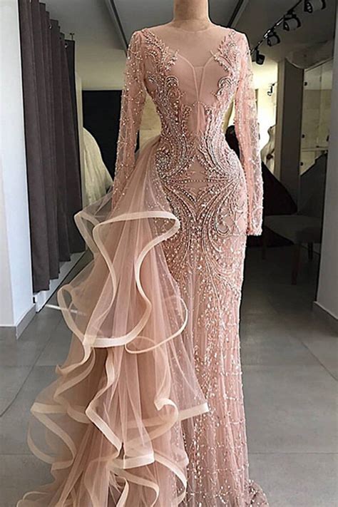 Deluxe Champagne Long Sleeves Velvet Prom Dress with Ruffles