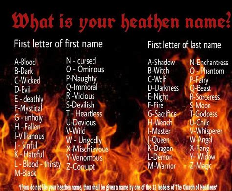 Demon hunter name generator. Archdevil names - Dungeons & Dragons. This name generator will give you 10 names that will generally fit the archdevils in the Dungeons & Dragons universe. Archdevils are powerful and unique devils, the most powerful of which were the Lords of the Nine, referring to the 9 layers of hell. Though the exact members varies as all archdevils seek to ... 
