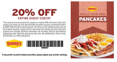 Try our 7 best Dennys Diner coupons; Get 20% Off With Denny’s Rewards ; Try these 12 older and expired coupons; The Best Dennys Diner promo code is 'THANKS25'. The best Dennys Diner promo code available is THANKS25. This code gives customers 25% off at Dennys Diner. It has been used 4,574 times. . 