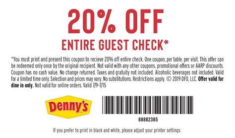 Denny 20 off coupon. Use this Denny's coupon to get 20% off your entire meal now through Mar. 19, 2011. The coupon shows a "golden-fried Haddock fillet," but the discount applies to the entire menu. 