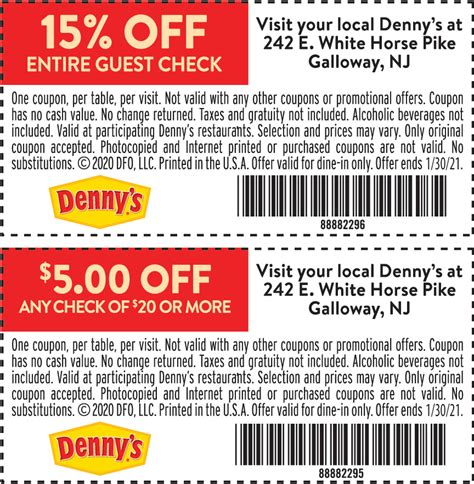 Grab The Discount Up To 15% Off Using Denny's Coupon Codes! Blog; Stores; Categories; Home Store Coupons Denny's. 15% OFF Denny's Coupon Codes (May 2023 Promos & Discounts) Top Denny's Coupons & Deals For May 2023. When you buy through links on CouponLawn we may earn a commission. Learn More.. 