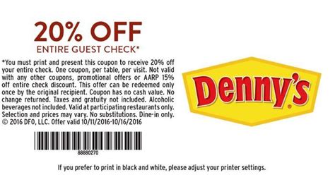 Get savings up to 20% Off with our 3 active Denny's promo codes. Discover amazing September 2023 Denny's coupons and deals including free shipping.. 