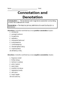 Denotation and Connotation Worksheet Connotation Denotation Euphemism