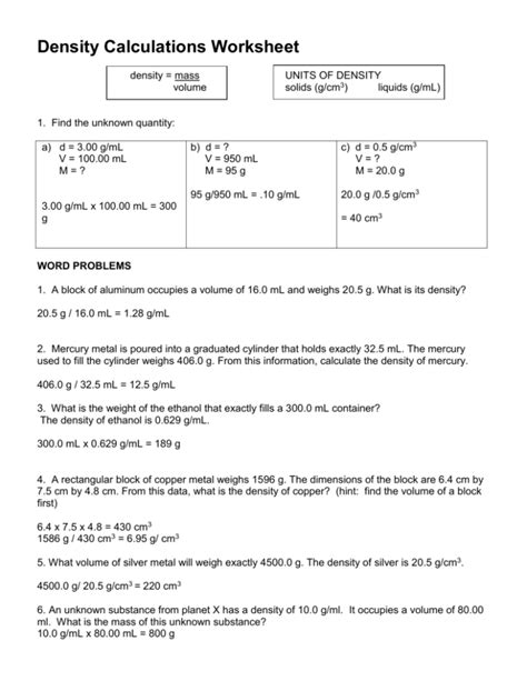 Density Calculations Worksheet I
