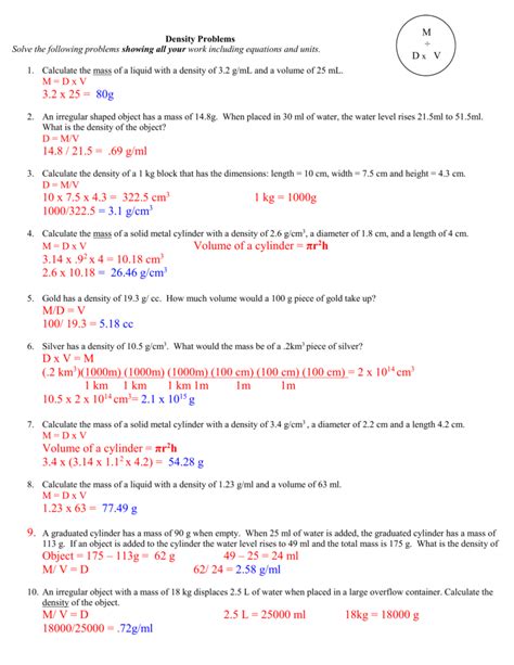 Density Practice Problem Worksheet