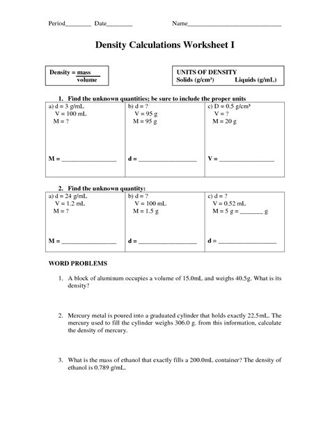 Density Practice Problem Worksheet Pro Worksheet