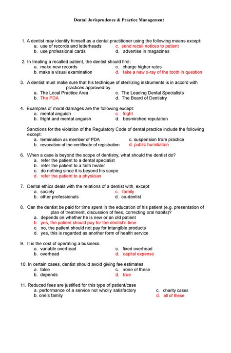 Texas Jurisprudence dental exam questions with verified answers 2023/2024 GRADED A+ How many continuing education hours are required each year for a RDA - correct answer 6 hours The confidentiality created by the dentist, the record and the patient is - correct answer privilege Which statement best describes the duties of the SBDE? - …. 