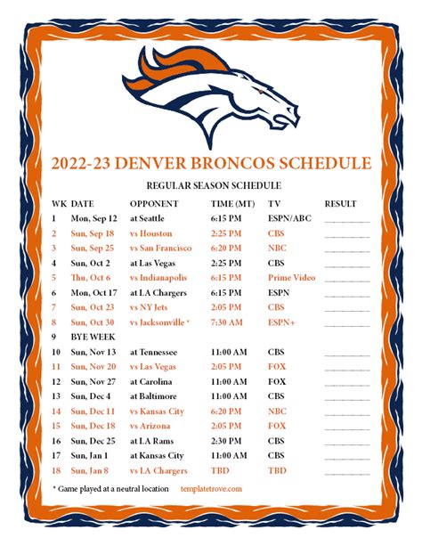 Denver Broncos Schedule 2022 2023 Printable