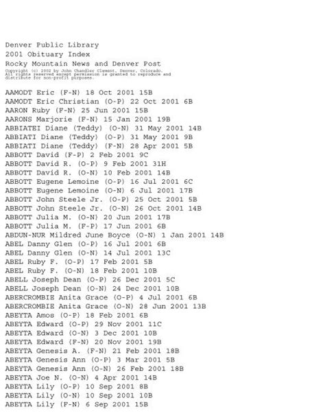 Denver obituary project.  Statewide index of approximately 50,000 non-Denver o...