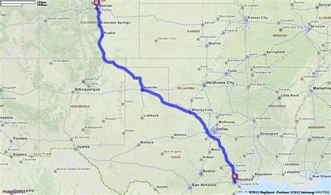 The total driving distance from Denver, CO to Houston, TX is 1,031 miles or 1 659 kilometers. The total straight line flight distance from Denver, CO to Houston, TX is 878 miles. This is equivalent to 1 413 kilometers or 763 nautical miles. Your trip begins in Denver, Colorado.