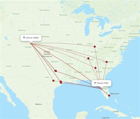 All flight schedules from Denver International , Colorado , USA to Tampa International , Florida , USA . This route is operated by 3 airline (s), and the flight time is 3 hours and 37 minutes. The distance is 1513 miles..