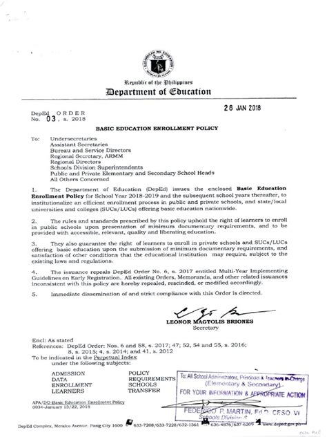 DepEd Memo No 03 S 2018 Basic Education Enrollment Policy