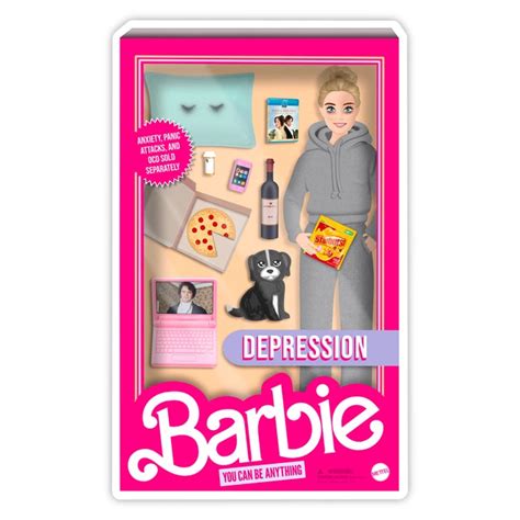 Depression barbie. Jul 28, 2023 · Late in Barbie, when the titular heroine is going through her third-act breakdown, a hilarious ad plays for "Depression Barbie." Among other hallmarks of the depressed and sad such as sweatpants and isolation, the film reveals she binge-watches BBC's Pride and Prejudice miniseries over and over again as a sign of sorrow, even playing a clip from the series. 