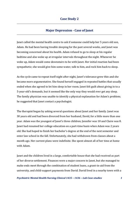 Depression case study example.  Mental Status Examination: Displayed a flat...