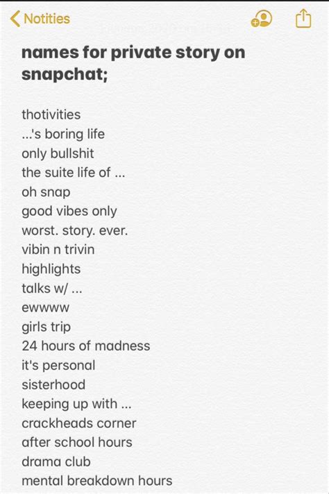 Depression private story names. When it comes to naming these stories, it’s important to choose a name that reflects the content and theme of the story. Some cute and creative ideas for Snapchat private story names for girls include “ … 