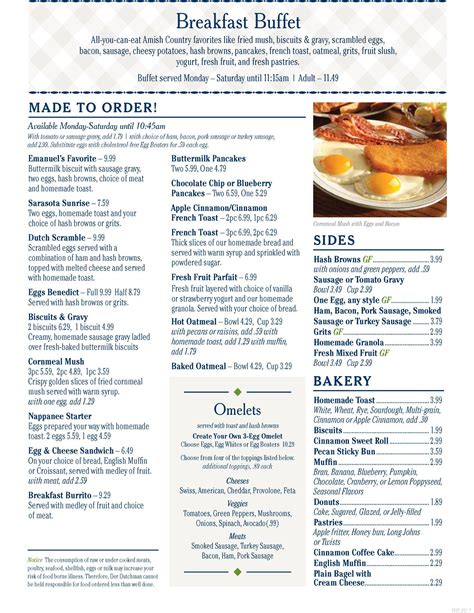 Der dutchman sarasota buffet menu. Gather around our table. Experience the time-honored tradition of sharing a meal together with your loved ones. We’re pleased to offer multiple dining options including Menu and Buffet Tuesday thru Saturday, as well as Family-Style Dining available only on Saturdays 12pm-8pm. We invite you to relax in the polished casual atmosphere and savor ... 