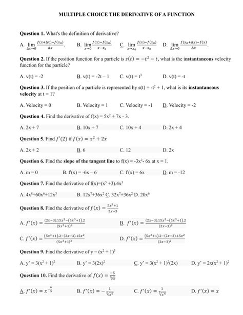 Derivative multiple choice test doc.  There are multiple different notations for ...