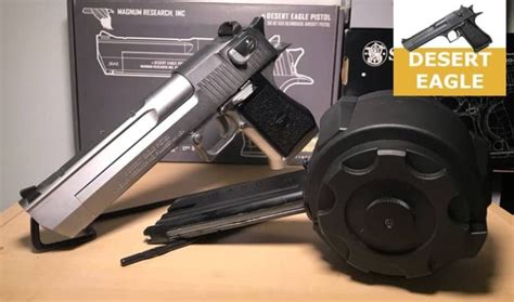 Desert eagle drum magazine. The Baby Eagle III can be purchased in polymer frame, full size or semi-compact, in 9mm and .40 S&W calibers. The slide is produced from high quality carbon steel with an attractive matte black oxide, or new "Northern Lights" Cerakote finish. Other features include a smooth 12 lb. double, or 4 lb. single action trigger pull. 