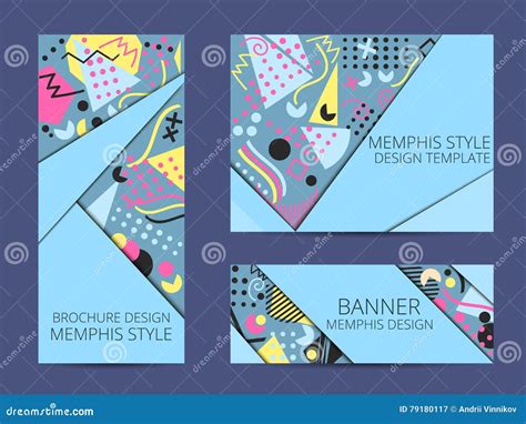 Design Brochure in Memphis Style. Geometric Memphis Pattern Banner and