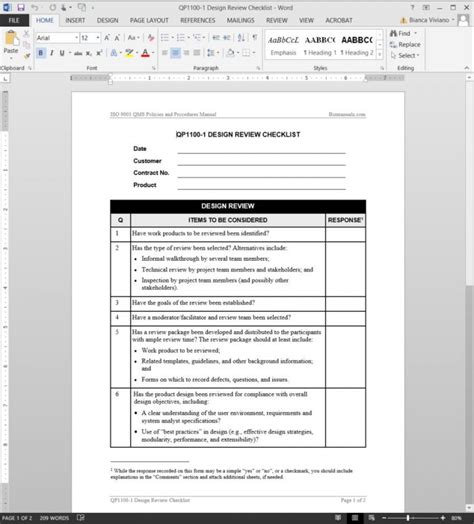 Design Review Checklist Iso Template