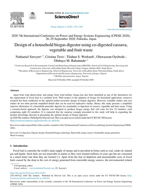 Design of a household biogas digester using co-digested cassava ...