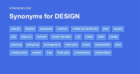 Design synonyms in english. aim, device, end, end, final cause, intent, intention, object, plan, project, proposal, purpose, scheme Preposition: The design of defrauding; the design of a building; a design for a statue. Complete Dictionary of Synonyms and Antonyms Rate these synonyms: 3.6 / 10 votes design verb Synonyms: contemplate, pur, pose, intend, plan, prepare, project 