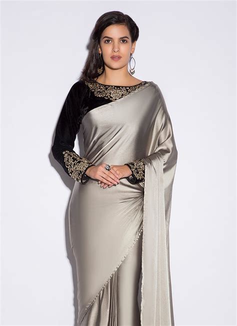 Designer grey SATIN saree with black border , Unstitched satin …