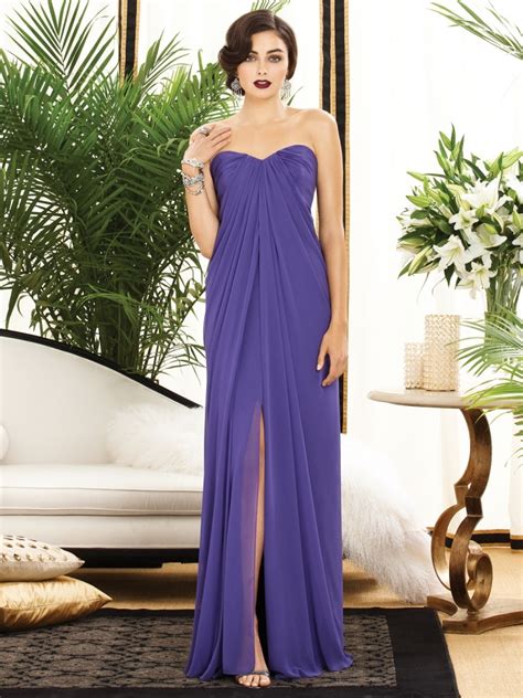 Dessy dresses. For sophisticated evening affairs, add a sense of regality to your wedding with deep shades of purple bridesmaid dresses. Combine with gilded accents or stunning silver to instantly enhance the elegance of your special day. Keep things soft and whimsical with light purple bridesmaid dresses and lush green accents. 