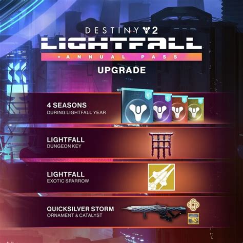 Destiny 2 annual pass. Destiny 2: Lightfall Annual Pass Upgrade Bungie Action & adventure PEGI 16 Violence Contains a new Exotic Sparrow, the Quicksilver Storm catalyst and ornament, Lightfall Dungeon Key and Season Passes for Season 20 ... 
