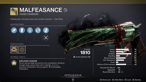 Destiny 2 malfeasance. Malfeasance is the Gambit exclusive exotic hand cannon. While I think it's one of the best looking exotics we've ever gotten, I can't say the same for its p... 