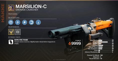 Destiny 2 marsilion c god roll. It might not be fancy, but the Marsilion-C has amazing perks. It can roll Explosive Light and Incandescent in one slot, and Envious Assassin and Field Prep in the other. This thing has all the ingredients to be one of the most reliable grenade launchers in the game. And on top of that, it’s craftable. PVE God Roll: Explosive Light or Incandescent 