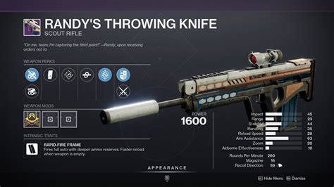 Destiny 2 randy's throwing knife. Range formula updated about 1 year ago. Handling formula updated about 1 year ago. Reload formula updated about 1 year ago. Ammo formula updated 2 months ago. Explore advanced stats and possible rolls for Randy's Throwing Knife, a Legendary Scout Rifle in Destiny 2. 