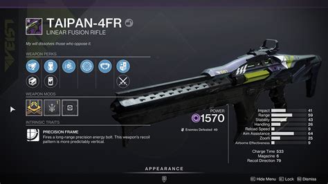 So far, the best crafted weapons for PvE are Taipan-4FR, Submission, and Forbearance. Taipan-4FR. Taipan-4FR is new in Season of Plunder and is quickly becoming the best linear fusion rifle on the market. ... He has been helping gamers everywhere with Destiny 2 god rolls, Warzone 2 DMZ missions, and collectibles in any …. 