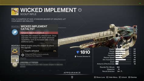 Destiny 2 wicked implement. The Wicked Implement Catalyst in Destiny 2 is now available to anyone who has unlocked the Wicked Implement Exotic scout rifle. This Catalyst adds a powerful additional perk to Wicked Implement in ... 