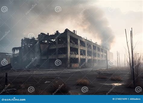 Destroyed Industrial Building in Postapocalyptic Wasteland, with Smoke