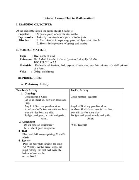 Detailed Lesson Plan For Elementary Math